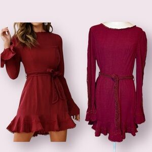 Saints + Secrets Aspley Flare Cuff Waist Tie Dress Burgundy Linen Size Large